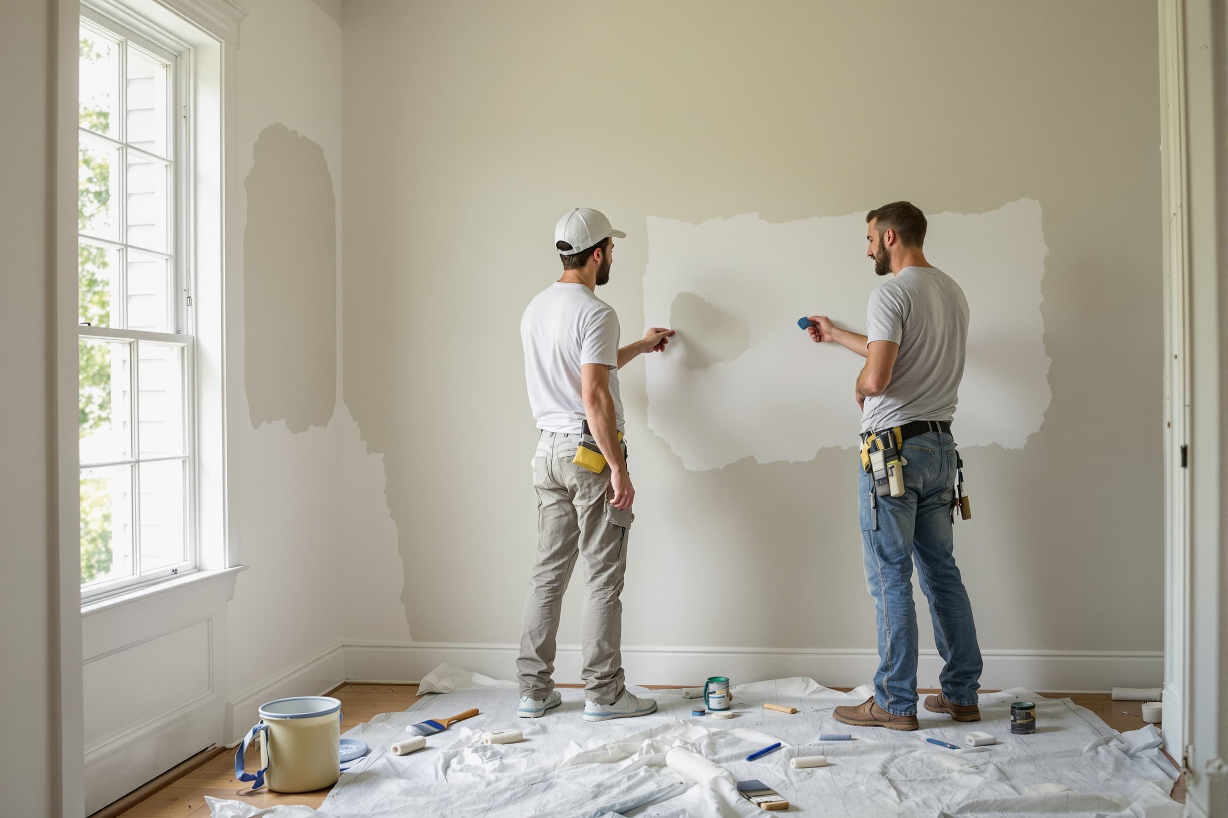 The Lamb Bros crew reviewing a color swatch on a jobsite